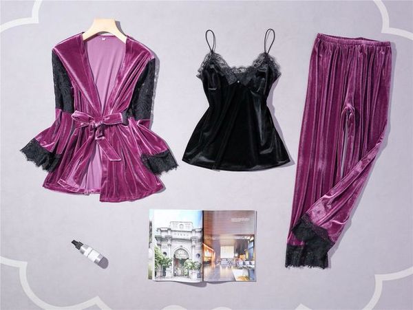 

new arrival velvet pajamas women autumn female sleepwear set 3 piece pijama set lace velour pyjamas women, Blue;gray