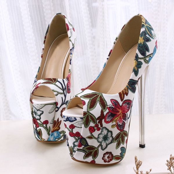 

34--43 women shoes peep toe flowers high heels 19cm with platform female pumps print leather lady party wedding shoes mc-77, Black