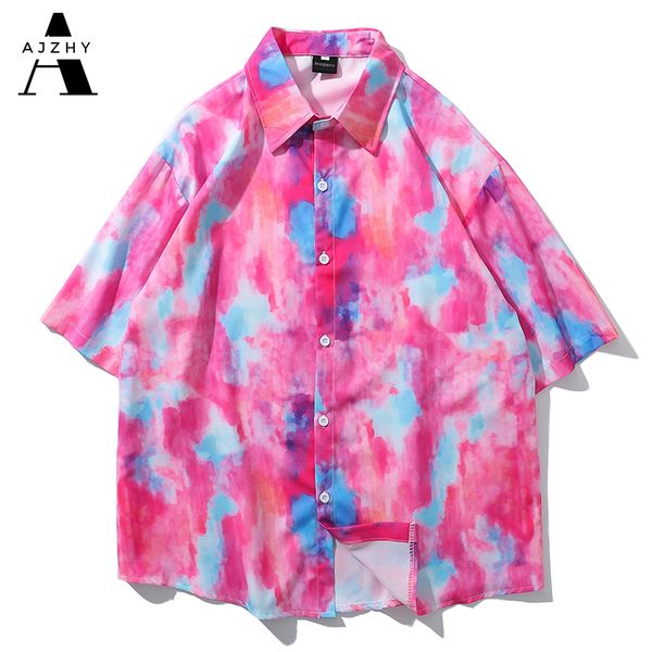 

men fashion short sleeve shirt hip hop japanese streetwear korean shirts mens casual turn-down collar tie dye hawaiian shirts, White;black