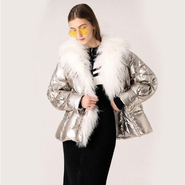 

large real fur collar 2019 winter jacket women 90% white duck down coats short loose parkas outerwear waterproof glossy jackets, Black