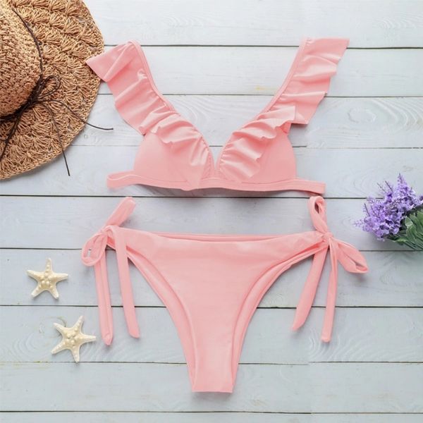 

women summer bikinis set solid color ruffle bikini split swimsuit set slim fit panty two piece sets multi-color fs1