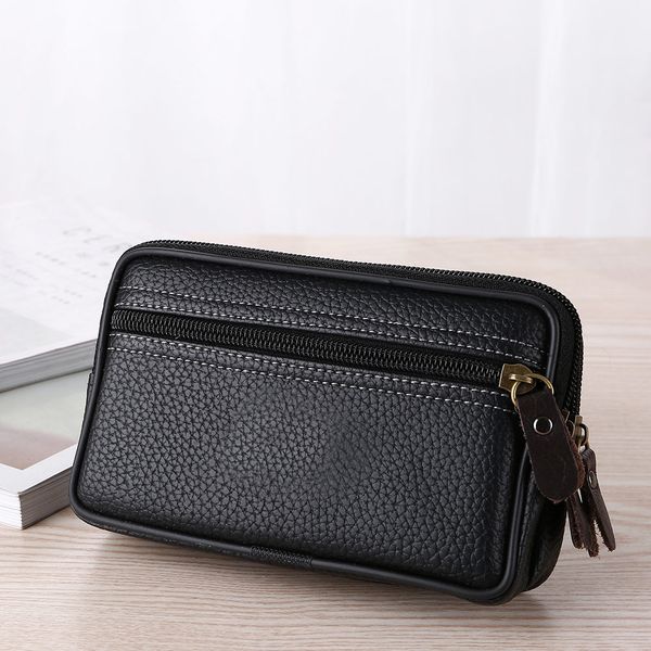 

man multi-function mini waist bag pu leather double layer zipper phone card bag new