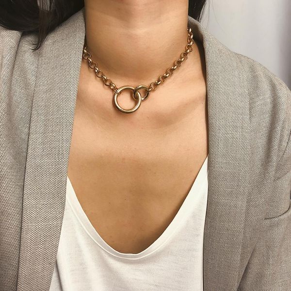 

circle punk chain choker necklace gothic circle rings statement necklace for women cool simple charm collar vintage jewelry gif, Golden;silver