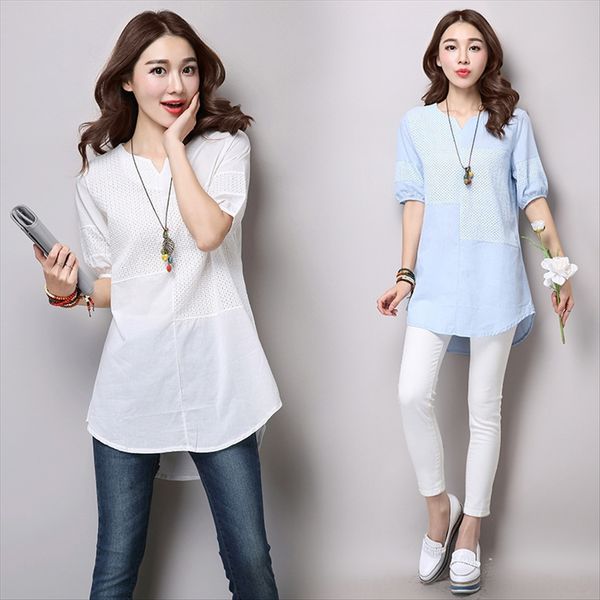 

fat mm artistic cotton and linen stitching large size women's loose all-match hollow short sleeve t-sleeve top, White