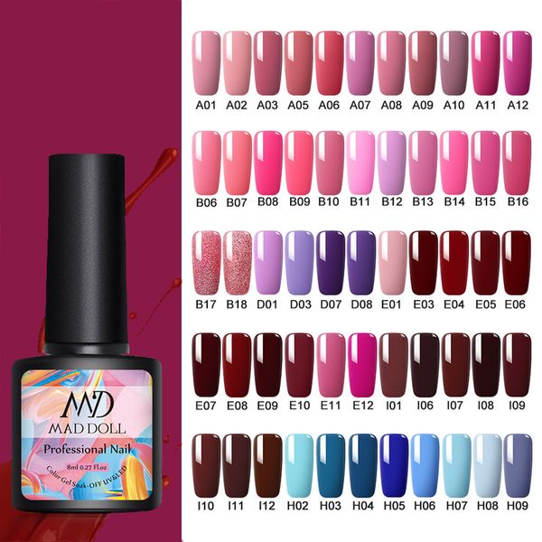 

mad doll 8ml colorful gel nail polish pure nail color gel semi permanent soak off uv varnish base coat for manicure, Red;pink