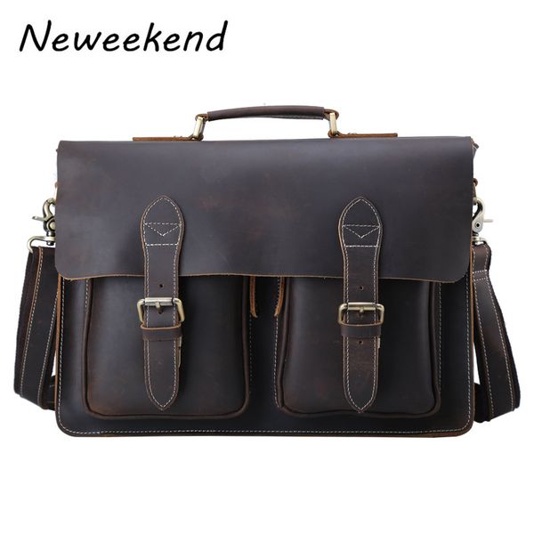 

wholesale- grade handmade mens real crazy horse leather briefcase vintage style messenger shoulder 15 inch lapbag case handbag 1061