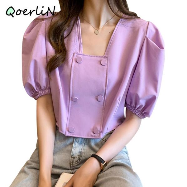 

summer new korean style brief temperament double-breasted square collar short bubble sleeve shirt women plus size blouse female, White