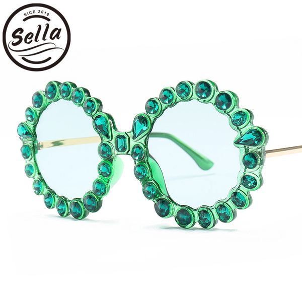 

sella luxury women round sunglasses brand designer crystal decoration oversized super round green pink ladies sun glasses, White;black