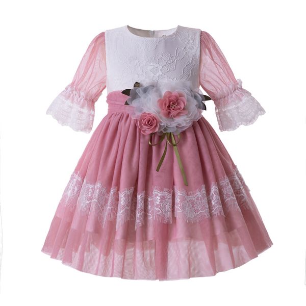 

2019 girl pink mesh communion pageant dress wedding birthday ceremony dress with flower kid costume, Red;yellow