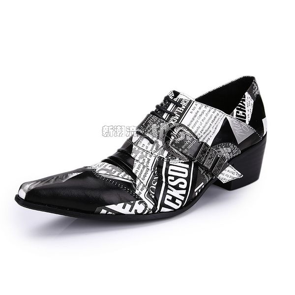 

graffiti newspaper print men casual leather shoes italy design buckles lace up men oxfords shoes for low heel derby oxfords, Black