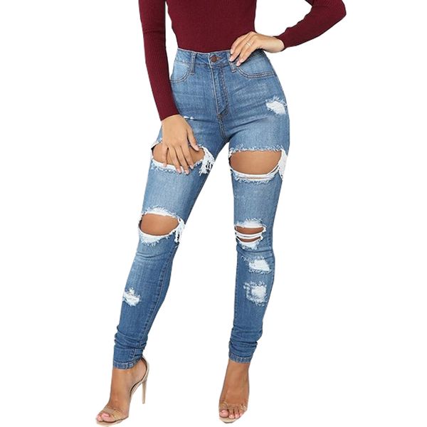 

summer streetwear ripped jeans casual jeans push up slim cotton women long trousers hole denim pants 2020, Blue