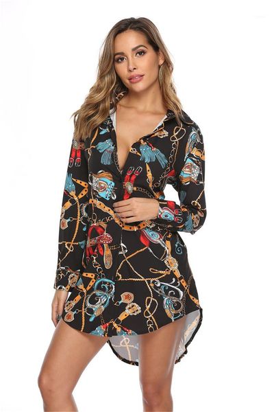 

print female clothing fashion style casual apparel womens summer designer shirts long sleeve lapel neck chain, White