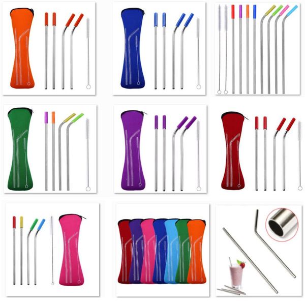 

stainless steel straws sets with pouch bag colorful metal straw with silicone tip reusable juice straw bar tools 6pcs/set 30 20oz hh7-1755a