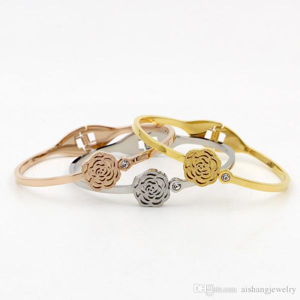 

pb81 fashion scrub exquisite camellia with stones spring opening gold plate bangle for gift ing, Black