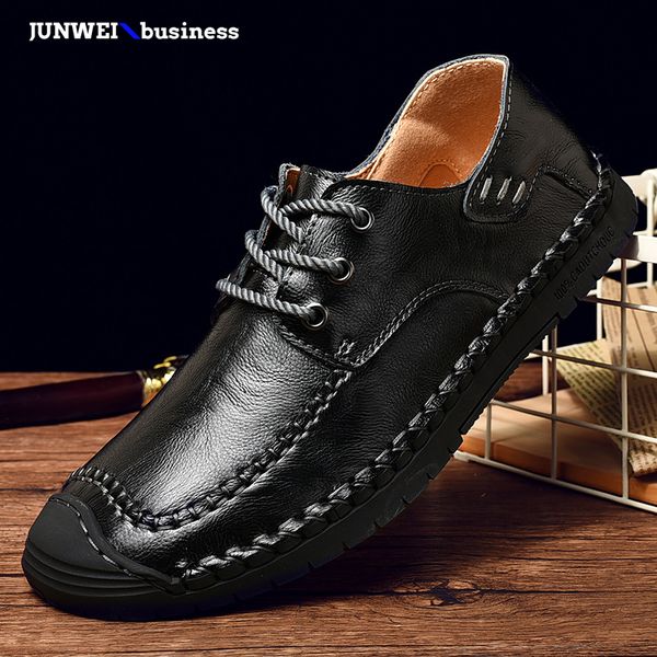 

lace shoes men up genuine leather round toe soft heel shoes handmade sewing comfortable casual vintage men l4, Black