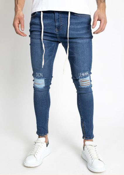 

brand mkass stylish embroidery ripped jean pants biker skinny slim straight frayed denim trousers hip hop skinny jeans male, Blue