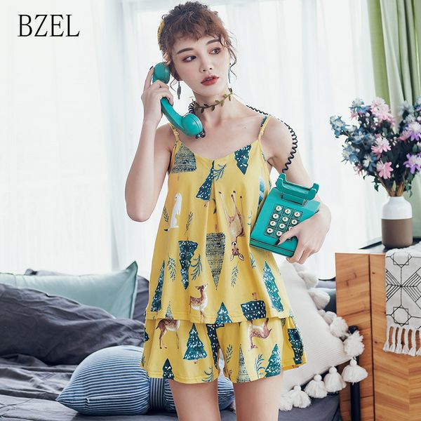 

bzel новый желтый хлопок пижамы набор флоры и животных мультфильм шаблон пижамы лето v-образным вырезом удобный большой размер слинг костюм, Blue;gray
