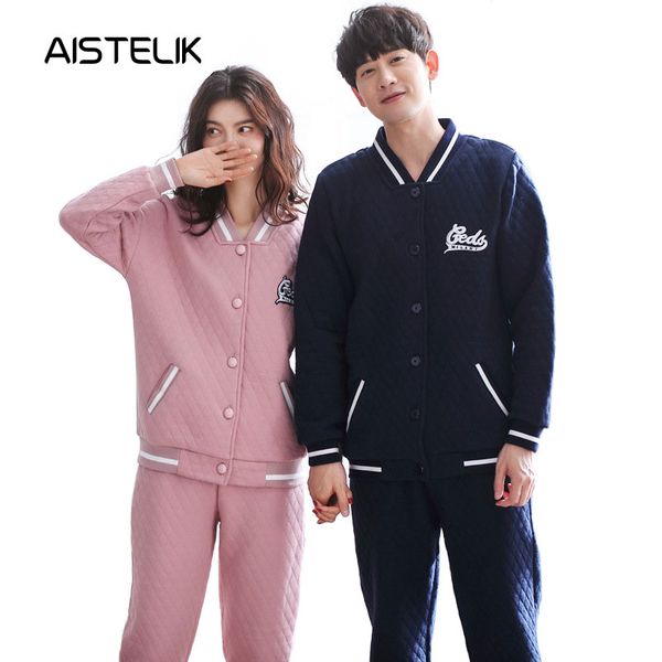 

couple pajamas men and women autumn and winter new sleepwear korean version of the thick quilted v-neck home service suit, Blue;gray