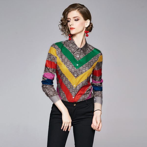 

2020 fashion women's rainbow striped shirt long sleeve lapel neck classic ladies designer blouses slim plus size office button shirts, White
