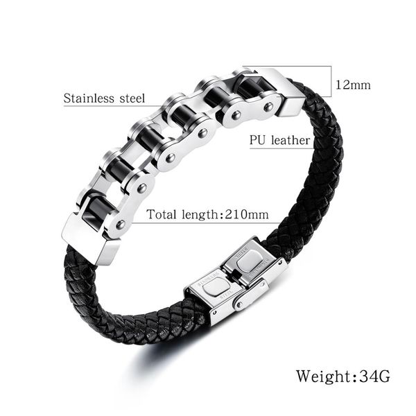 

punk black braided leather bracelet bangle for men woman classic bicycle chain cuff hand jewelry gift dropshipping, Golden;silver