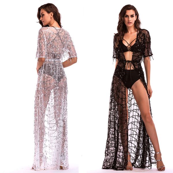 

new short sleeve perspective sequined dresses and long skirts, White;black
