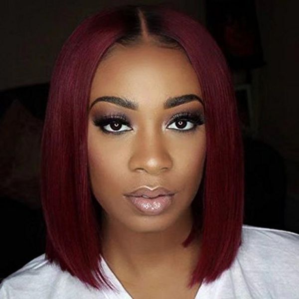 

1b / красный ombre 99j полный прямой короткий боб парик шнурка 360 фронтальная человеческих волос парики preplucked burgundy 13x6 фронта шну, Black