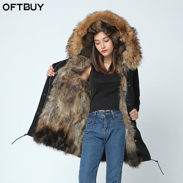 

oftbuy 2019 long winter jacket women outwear thick parkas raccoon natural real fur collar coat hooded real warm fox fur liner y191205, Black