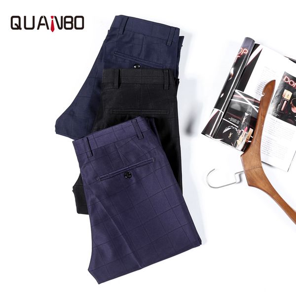 

autumn winter new casual pants men's business plaid suit pants elastic waist loose straight professional dress pant, Black