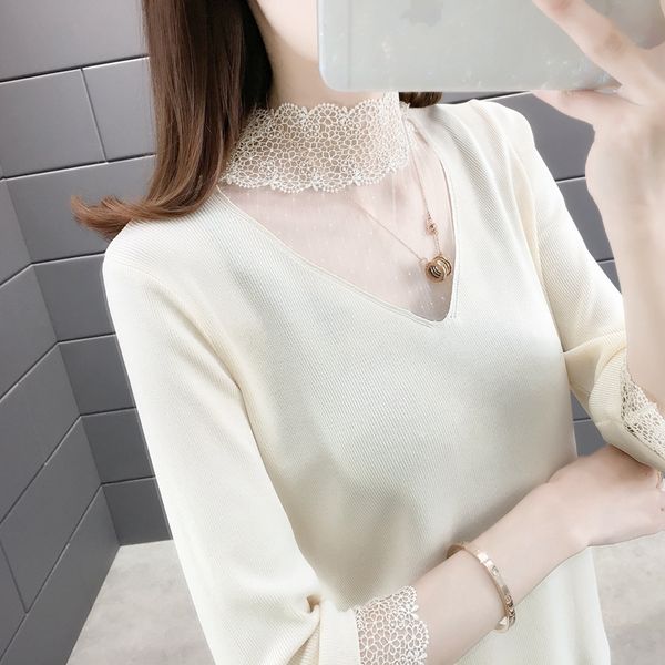 

1572143 [under the aisle shelf outside room 5] actual p of new lace splicing half high collar short sleeve t-sweater 2020jd, White;black