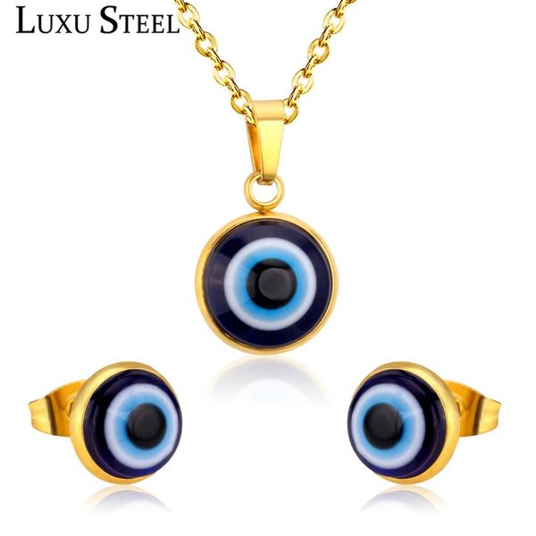 

luxusteel women earring and necklace sets stainless steel lucky blue eyes pendant necklace earring dubai gold jewellery set gift, Silver