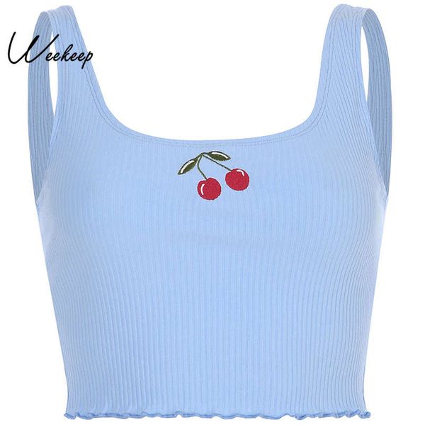 

women's tanks & camis weekeep women cropped embroidery tank 2021 summer streetwear backless blue knitted fitness crop, White