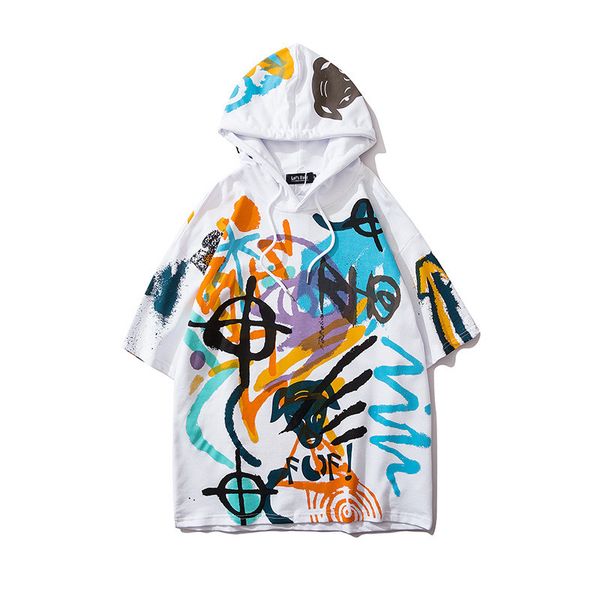

mens designer graffiti letter print hooded tees fashion natural color loose tees casual pullover short sleeve hoodies mens clothing, Black