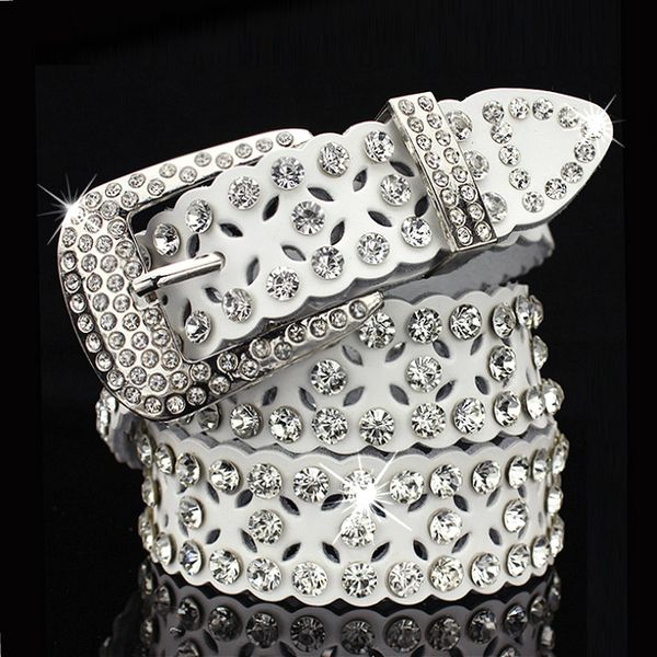 

new trendy fashion luxury designer sparkling diamond zircon hollow leather belt for woman female 110cm 3.6 ft, Black;brown