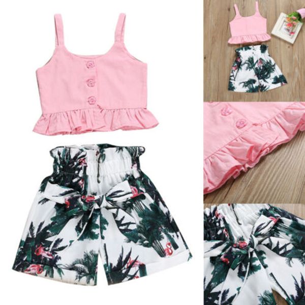 

2019 Fashion Floral Baby Girl Outfit Solid Sleeveless Button Vest Tank Tops+High Waist Waistband Shorts Summer 2Pcs Toddler Clothes