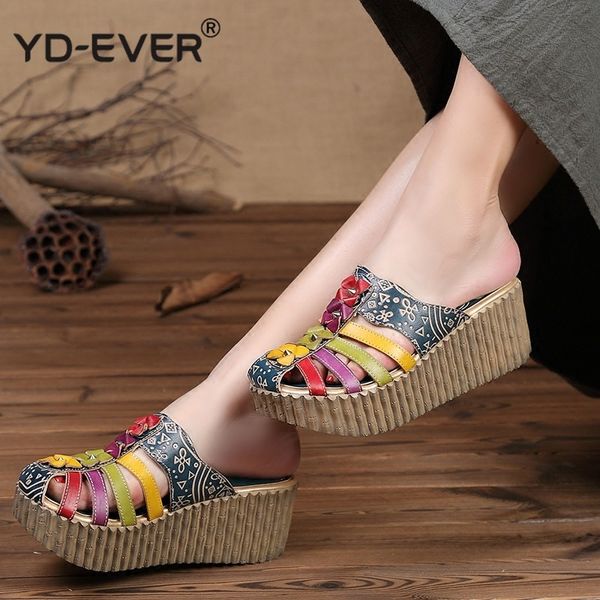 

2020 summer new hollow out handmade shoes women slides genuine leather cover toes flower female platform wedges slippers, Black