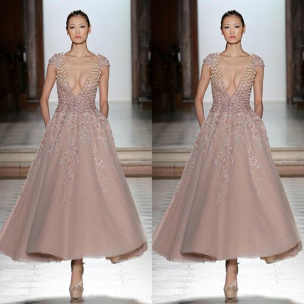 Tony Ward Erröten Rosa Ballkleider Knöchellange Perlen Tüll Spitze Formelle Abendkleider Tiefer V-Ausschnitt Sexy Partykleid