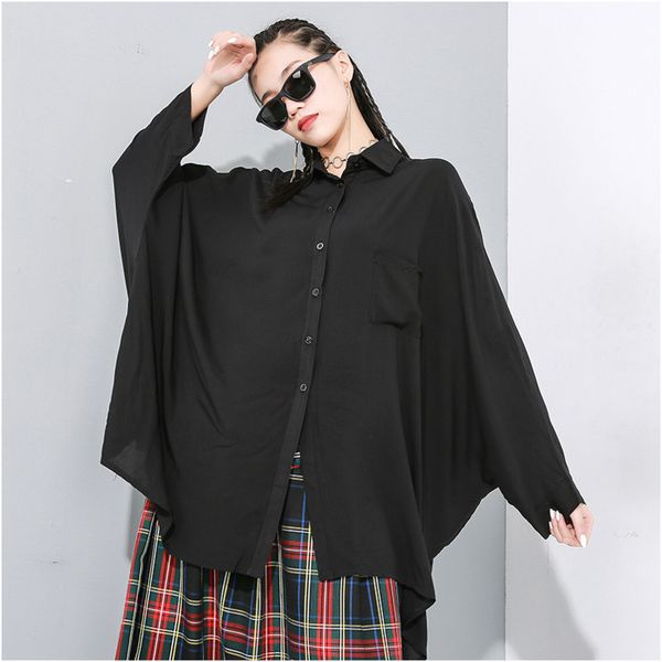 

lanmrem 2020 new spring fashion women clothes autumn clothing loose turn-down collar batwing sleeves single breasted shirt wk124, White