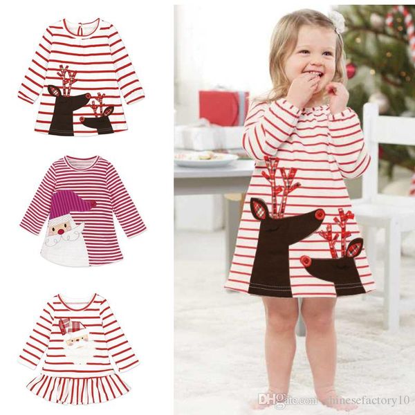 

2019 new christmas girls dress santa claus deer dresses baby girl autumn winter elk long sleeve stripe dress kids xmas princess clothing, Red;yellow