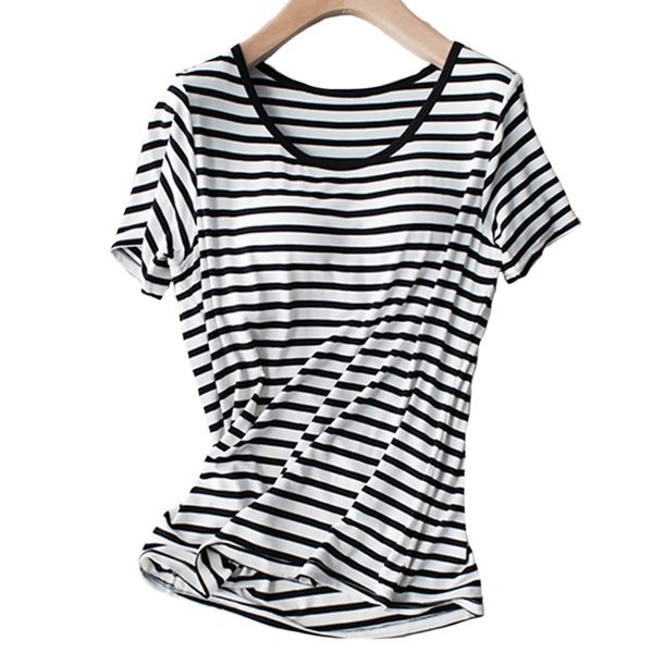 

built in bra sleep shirts women loose fit short sleeve striped modal sleep wear summer padded bra breathable lounge lingerie, Black;red