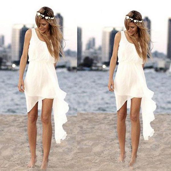 

chiffon short beach wedding dresses scoop neckline sleeveless bridesmaid dresses summer boho bridal gowns custom size, White