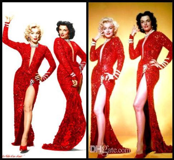 

мэрилин монро vintage sparkly wine red пришивания high split русалка вечерние платья горячие моды sexy v-образным вырезом с длинными рукавам, Black