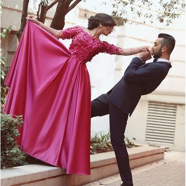 

exquisite bateau neck floral prom dresses rosy satin long sleeve evening dresses with sweep train a line evening gowns for christmas party, Black;red