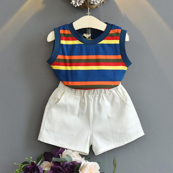 

baby girl летняя одежда baby girls без рукавов полосатый жилет топы твердые шорты брюки набор нарядов roupa infantil menina ropa niña, White