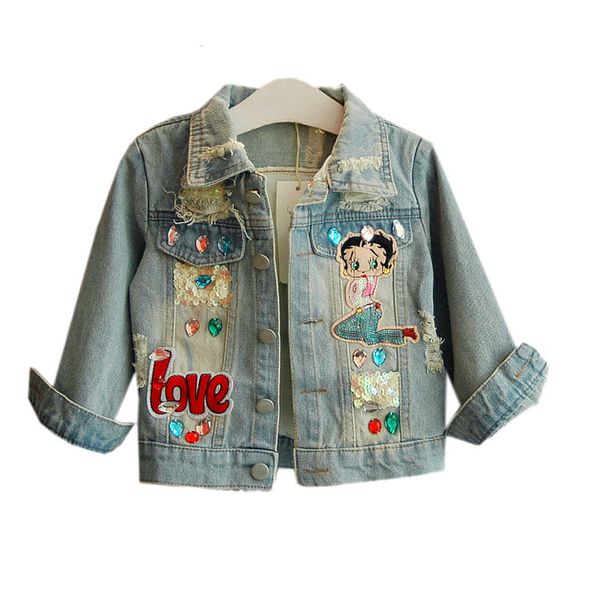 

ребёнки джинсовые куртки 2019 новая весна стразы рваные джинсы sequins маленькая девочка мультфильм дизайн дети верхняя одежда, Blue;gray