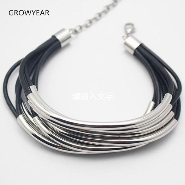 

women metal leather bracelet fashion jewelry multilayer rope bracelets stainless steel metal black leather bangle lobstor clasp