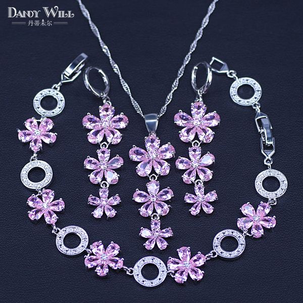 

exquisite flower red pink stone 925 silver jewelry sets for women wedding earrings bracelet pendant necklace gift box, Slivery;golden
