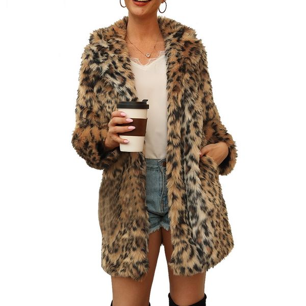 

sfit women thicken leopard women jacket mid-long faux fur coat slim casual luipaard fur jackets female harajuku 2019 mujer, Black;red
