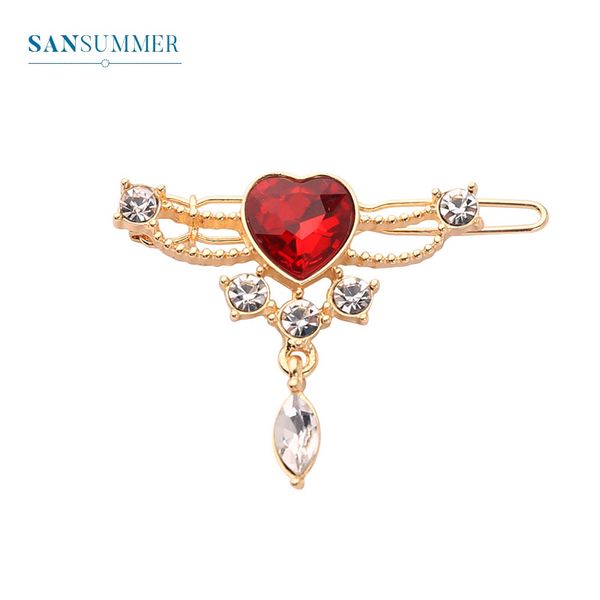 

sansummer 2019 new fashion cute golden romantic red heart pendant headdress rhinestone girl glittering metal alloy japan and korea style, Golden;white