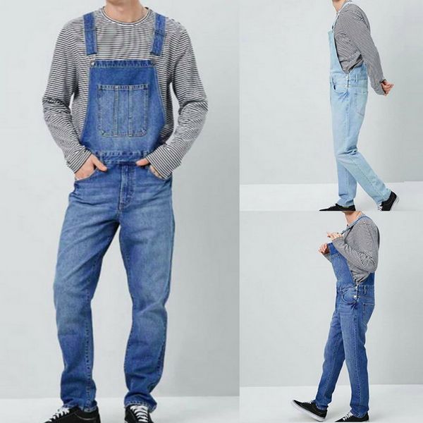 

2020 men solid slim vintage denim pantalon overalls one piece full length jeans casual straight jeans pockets button strap pants, Blue