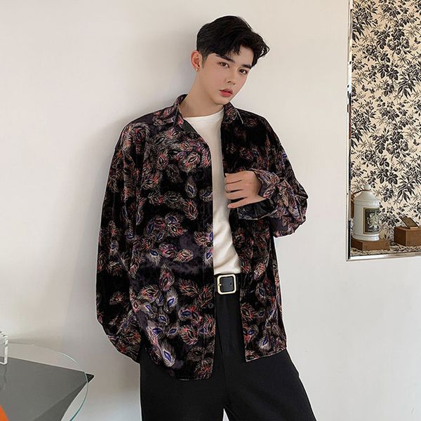 

men vintage long sleeve velvet print shirt cardigan coat male streetwear hip hop fashion loose casual shirts, White;black